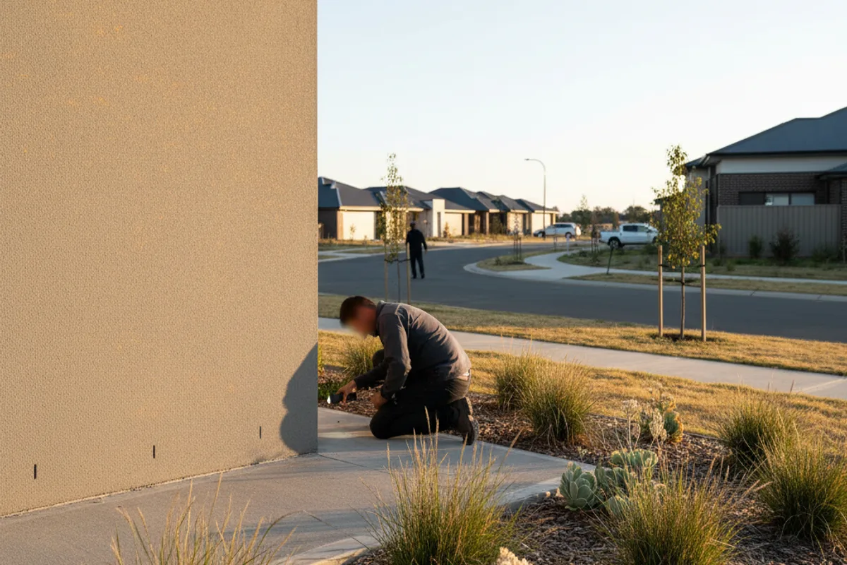 The render wall and slab edge of a suburban Australian house in low natural light