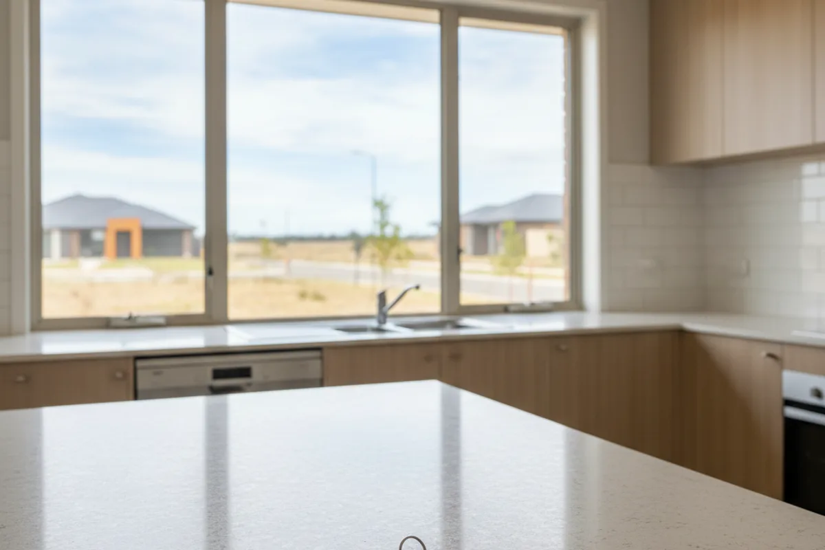 A set of house keys resting on the kitchen benchtop of a brand new empty home