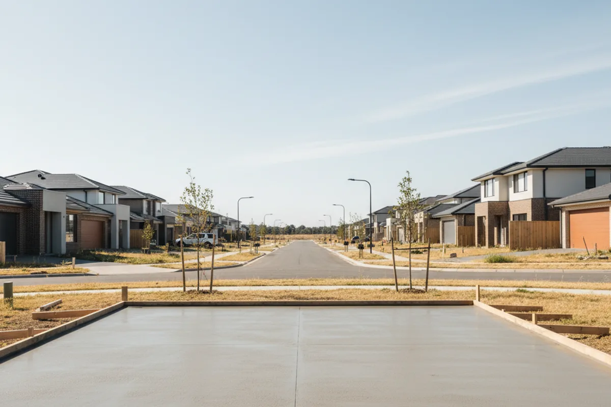 A freshly poured concrete house slab on a suburban block with homes under construction behind